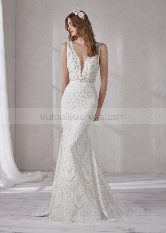 V Neck Ivory Lace V Back Wedding Dress